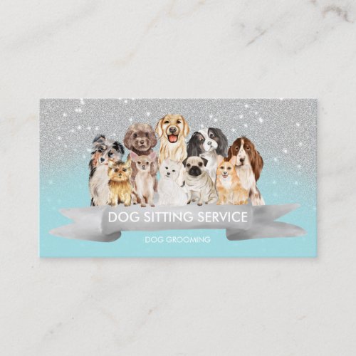 Teal Silver Cute Sparkle Petsitter Dog Walker Business Card