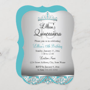 Teal Silver Damask Tiara Quinceanera Invite