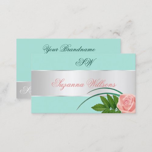 Teal Silver Decor Cute Rose Flower with Initials Business Card