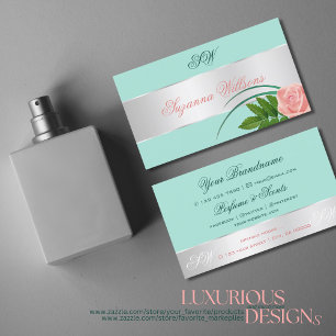 Teal Silver Decor Cute Rose Flower with Initials Business Card