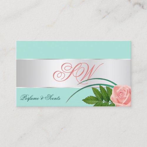 Teal Silver Decor Cute Rose Flower with Monogram Business Card