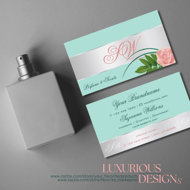 Teal Silver Decor Cute Rose Flower with Monogram Business Card (Creator Uploaded)