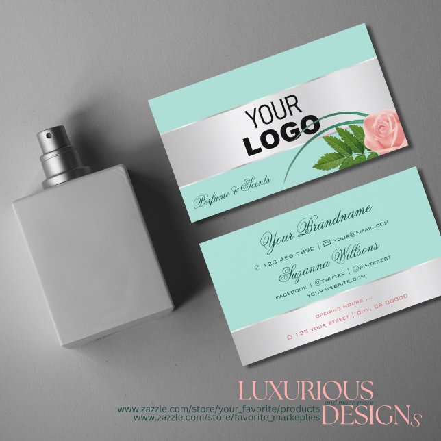 Teal Silver Decor Gorgeous Rose Flower with Logo Business Card (Creator Uploaded)