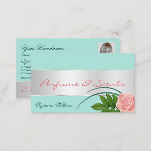 Teal Silver Decor Gorgeous Rose Flower with Photo Business Card
