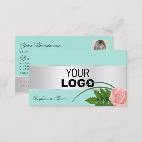Teal Silver Decor Rose Flower with Logo and Photo Business Card