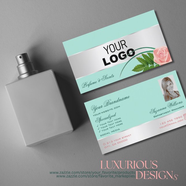 Teal Silver Decor Rose Flower with Logo and Photo Business Card (Creator Uploaded)