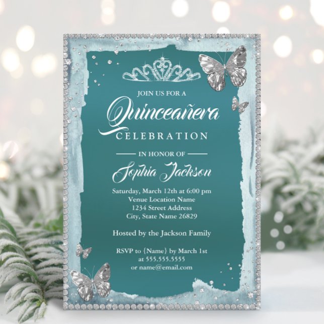 Teal Silver Diamond Butterfly Sparkle Quinceanera Invitation (Creator Uploaded)