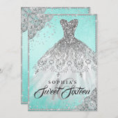 Teal Silver Diamond Sparkle Gown Sweet Sixteen Invitation (Front/Back)