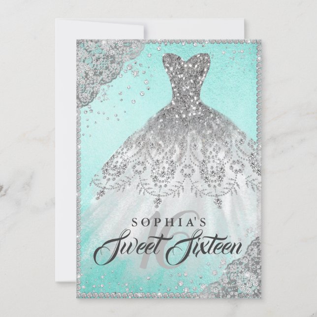 Teal Silver Diamond Sparkle Gown Sweet Sixteen Invitation (Front)