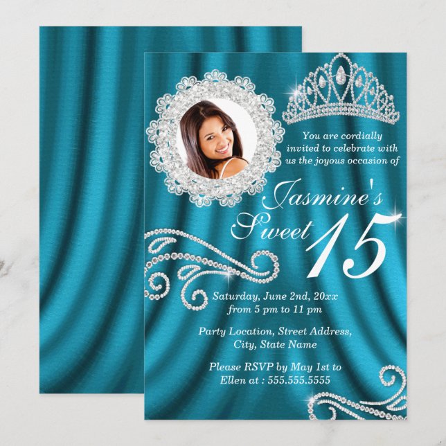 Teal Silver Diamond Tiara Photo Quinceanera Invitation (Front/Back)