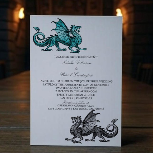 Teal Silver Dragon Wedding Invite (Teal Silver Medieval Dragon Wedding Invite)
