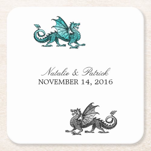 Teal Silver Dragon Wedding Paper Coasters