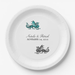 Teal Silver Dragon Wedding Paper Plates