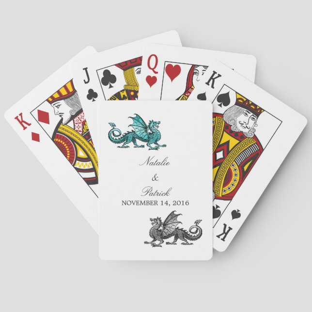 Teal Silver Dragon Wedding Playing Cards (Back)