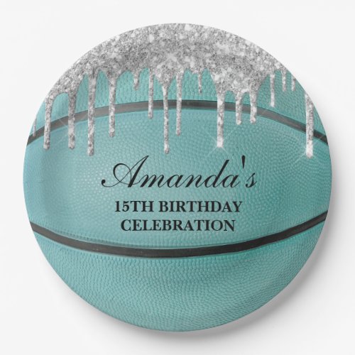 Teal Silver Drip Basketball Paper Plates