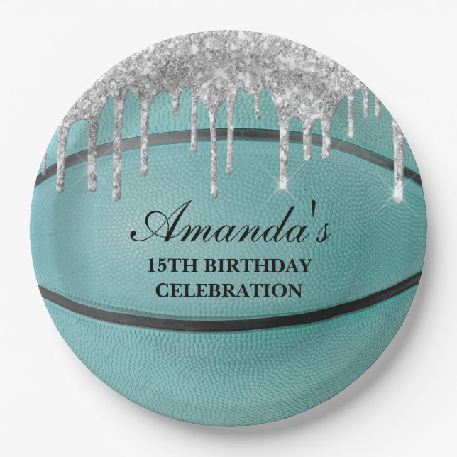 Teal Silver Drip Basketball Paper Plates (Front)
