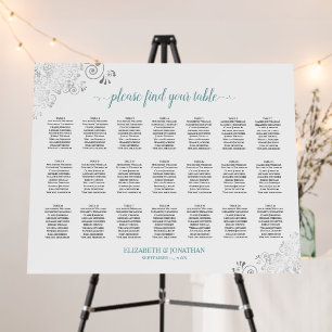 Teal & Silver Elegant 21 Table White Seating Chart Foam Board