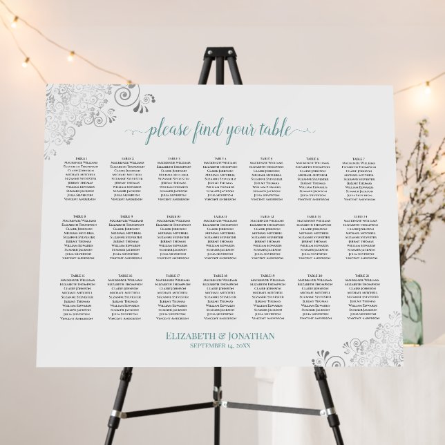 Teal & Silver Elegant 21 Table White Seating Chart Foam Board (In Situ (Stand))