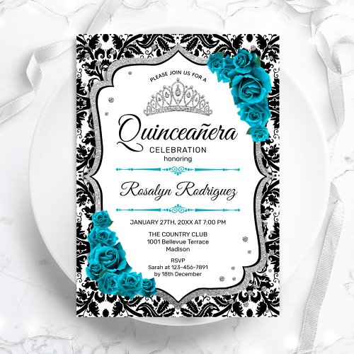 Teal Silver Elegant Damask Quinceanera Invitation