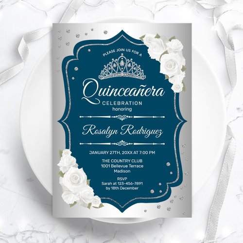 Teal Silver Elegant Quinceanera Invitation