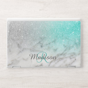 Teal Silver Fading Glitter Marble Monogram Custom HP Laptop Skin