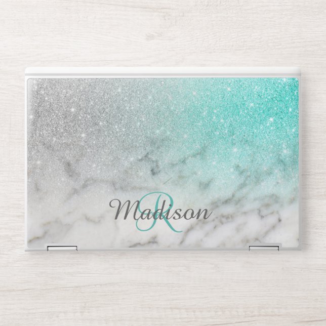 Teal Silver Fading Glitter Marble Monogram Custom HP Laptop Skin (Front)