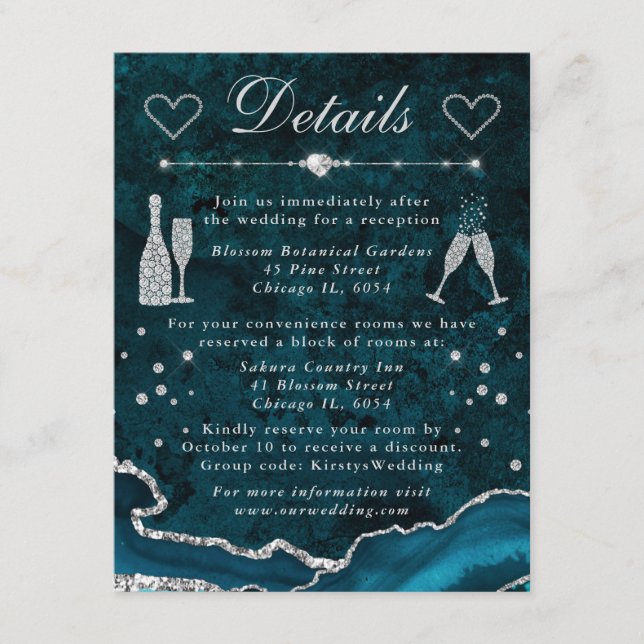 Teal & Silver Faux Glitter Agate Wedding Details Enclosure Card (Front)