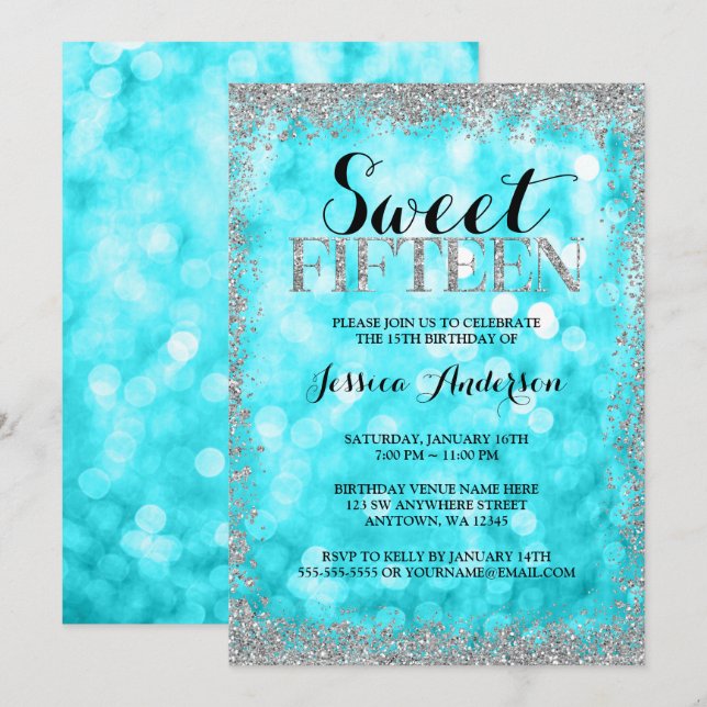 Teal Silver Faux Glitter Lights 15th Quinceanera Invitation (Front/Back)