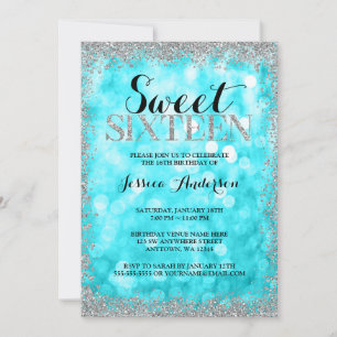Teal Silver Faux Glitter Lights Sweet 16 Birthday Invitation