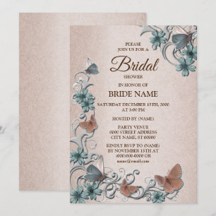 Teal Silver Floral Butterfly Tan Bridal Shower Invitation