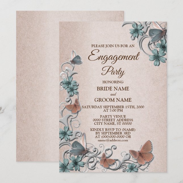 Teal Silver Floral Butterfly Tan Engagement party Invitation (Front/Back)