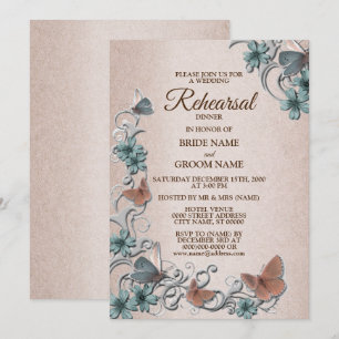 Teal Silver Floral Butterfly Tan Rehearsal Dinner Invitation
