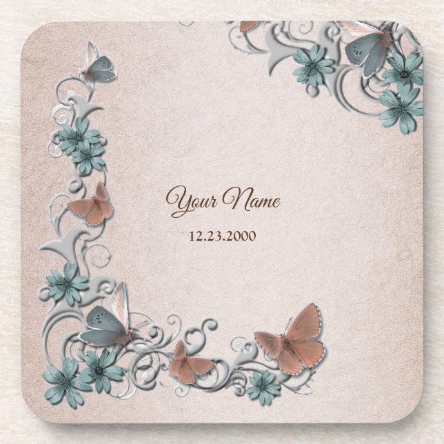 Teal Silver Floral Copper Butterfly Tan Wedding Beverage Coaster (Front)