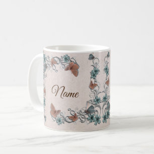 Teal Silver Floral Copper Butterfly Tan Wedding Coffee Mug