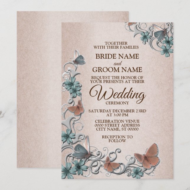 Teal Silver Floral Copper Butterfly Tan Wedding Invitation (Front/Back)