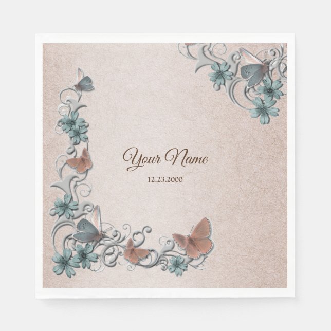 Teal Silver Floral Copper Butterfly Tan Wedding Napkins (Front)