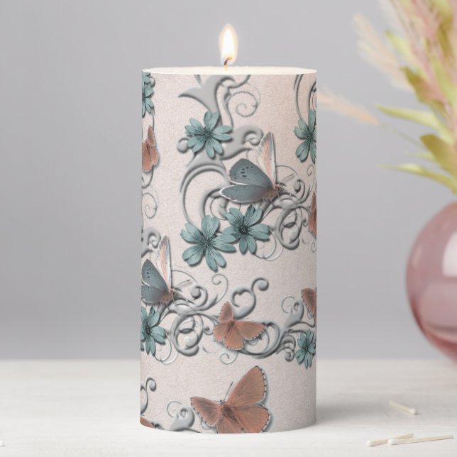 Teal Silver Floral Copper Butterfly Tan Wedding Pillar Candle (In Situ)
