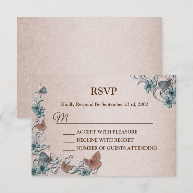 Teal Silver Floral Copper Butterfly Tan Wedding RSVP Card (Front/Back)