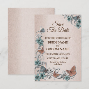 Teal Silver Floral Copper Butterfly Tan Wedding Save The Date