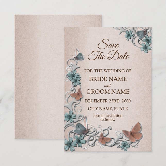 Teal Silver Floral Copper Butterfly Tan Wedding Save The Date (Front/Back)