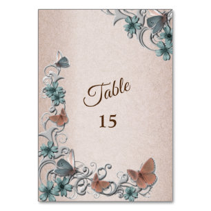 Teal Silver Floral Copper Butterfly Tan Wedding Table Number