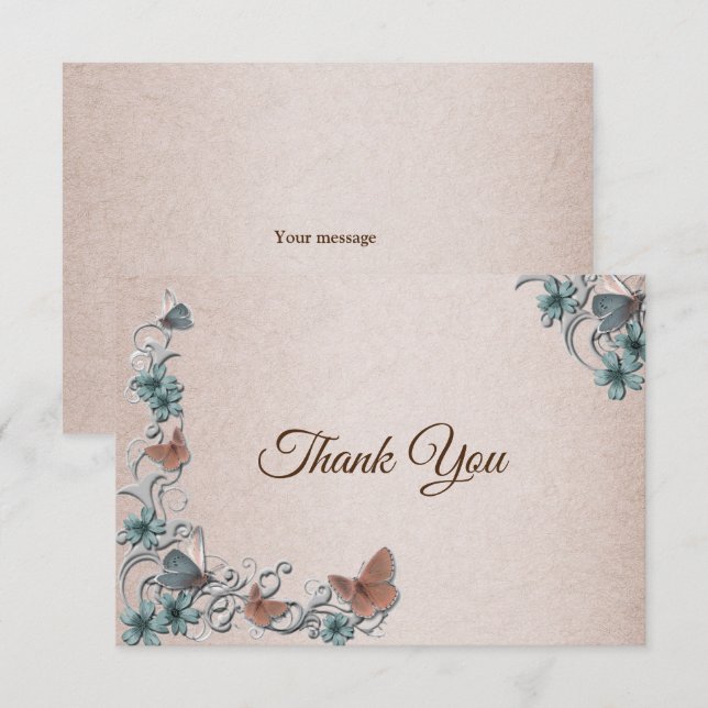 Teal Silver Floral Copper Butterfly Tan Wedding Thank You Card (Front/Back)