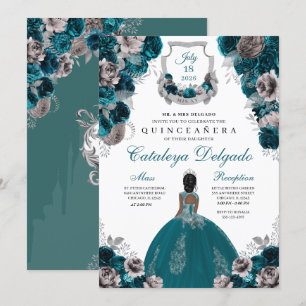 Teal & Silver Floral Elegant Quinceañera Invitation