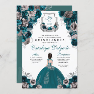 Teal & Silver Floral Elegant Quinceañera Invitation