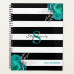 Teal Silver Floral Monogram Black Stripes 2024 Planner<br><div class="desc">This elegant design features vintage teal and silver floral bouquets in two corners on a trendy black-and-white striped background. Personalize it with your initial in teal serif font and your name in black handwriting script.</div>