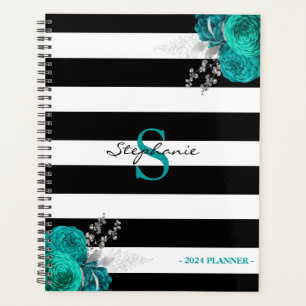 Teal Silver Floral Monogram Black Stripes 2024 Planner
