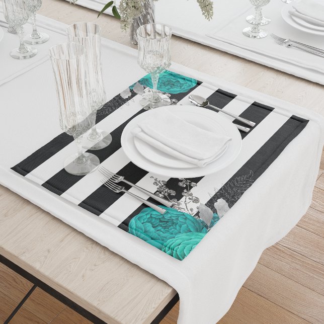 Teal Silver Floral Monogram Black White Stripes Cloth Placemat (Creator Uploaded)