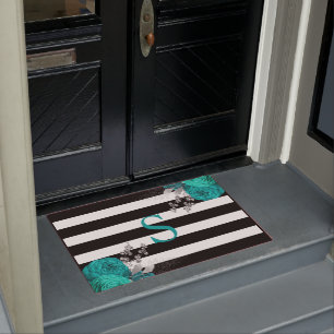 Teal Silver Floral Monogram Black White Stripes Doormat