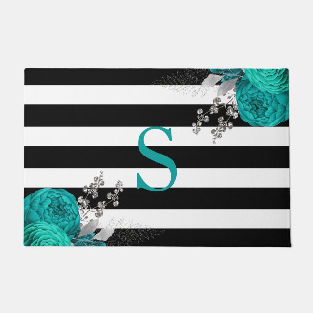 Teal Silver Floral Monogram Black White Stripes Doormat (Front)