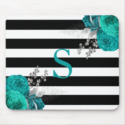  Teal Silver Floral Monogram Black White Stripes Mouse Pad